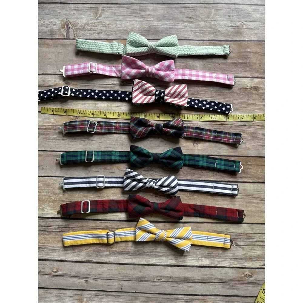 Youth Kids High Cotton Bow Tie Adjustable Lot of 8 Preppy Pink Flag Green Plaid